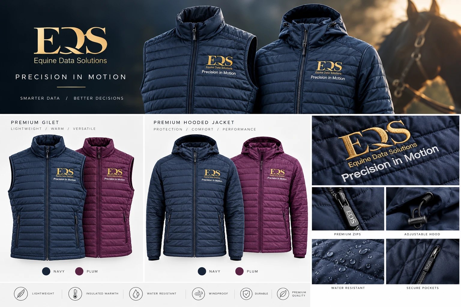 The EQS range: navy and plum quilted gilets and hooded jackets with the gold EQS mark and the Precision in Motion slogan, with close-ups of the embroidery, zips, hood and water-resistant fabric